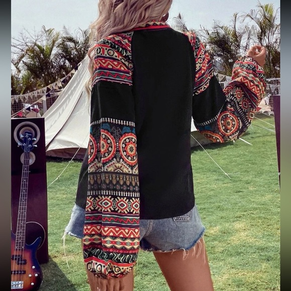 Boho Tribal Paisley Print Long Sleeve Top Blouse Shirt Black - Picture 2 of 6